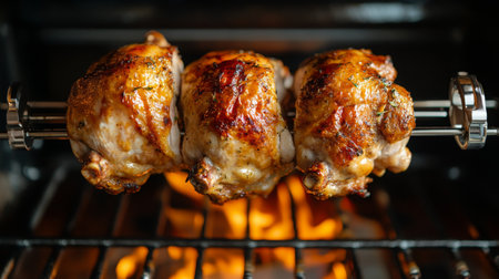 Roasting Chicken Thighs on Rotisserie Grill Over Open Flamesの素材