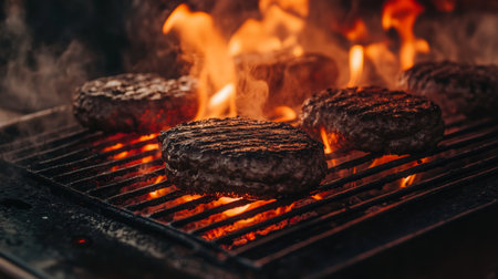 Grilling Juicy Burgers Over Flames During Summer Cookout in Backyardの素材