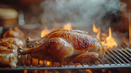 Grilled Chicken Cooking Over Flames at Outdoor Barbecue in Summer Eveningの素材