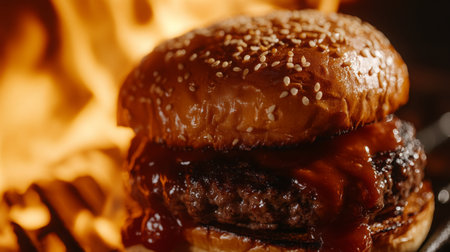 Juicy Grilled Burger With Barbecue Sauce and Sesame Bun in Front of Open Flamesの素材