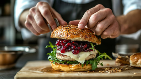 Crafting a Gourmet Burger With Fresh Ingredients in a Modern Kitchenの素材