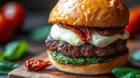 Gourmet Burger With Pesto and Sun-Dried Tomatoes on Wooden Boardの素材