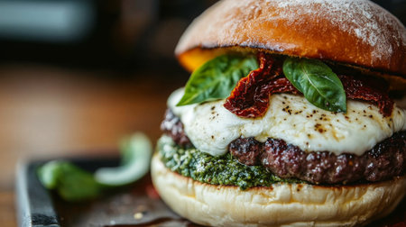 Gourmet Burger With Fresh Basil and Sun-Dried Tomatoes in Rustic Settingの素材