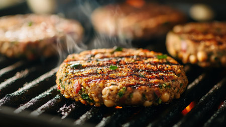 Grilled Veggie Burgers Cooking on a Charcoal Grill at a Summer Barbecueの素材