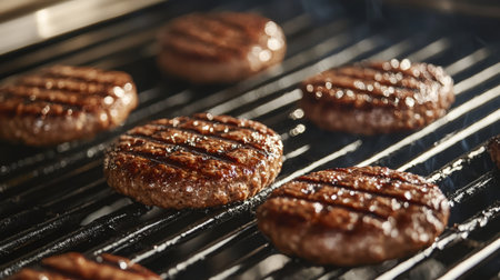 Grilling Juicy Beef Patties on BBQ Grill During Evening Cookoutの素材