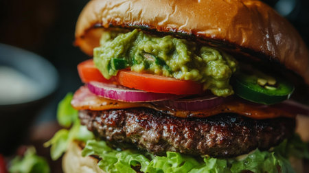 Freshly Grilled Hamburger Topped With Guacamole and Vegetables at a Casual Eateryの素材