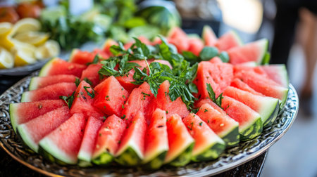 Sliced Watermelon Displayed on a Decorative Plate at a Summer Gatheringの素材