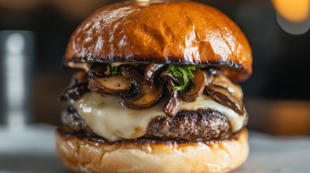 Gourmet Cheeseburger With Sauteed Mushrooms and Fresh Greens on Toasted Brioche Bunの素材