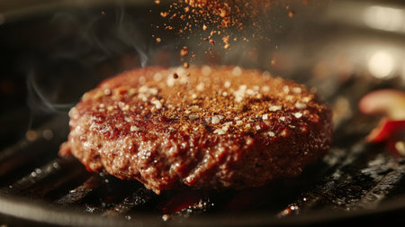 Grilling A Seasoned Beef Burger Patty Over Hot Charcoal In A Backyard Cookoutの素材