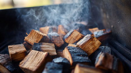 Grilling Smoke Rising From Charred Wood Blocks in a BBQ Pit on a Sunny Dayの素材
