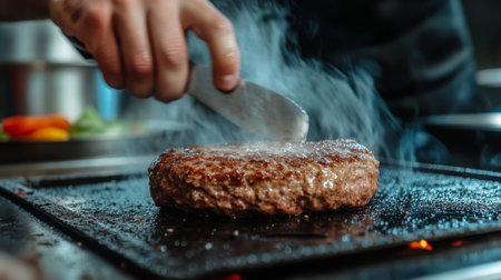 Grilling Juicy Beef Patty on Hot Grill With Steam Rising in a Kitchenの素材