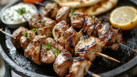 Grilled Chicken Skewers Served on a Sizzling Platter With Side Dishesの素材