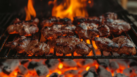 Grilling Meat Over Flames at a Summer Barbecue Gathering in a Backyardの素材