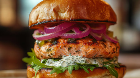 Gourmet Salmon Burger With Fresh Vegetables and Herb Sauce on a Rustic Wooden Tableの素材