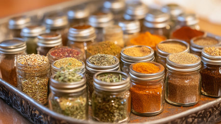 Colorful Arrangement of Spice Jars on a Rustic Tray in a Kitchen Settingの素材