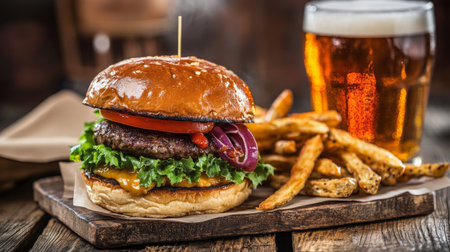 Delicious Burger With Fries And Beer On A Rustic Wooden Tableの素材