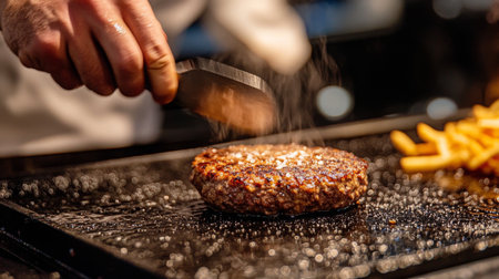 Chef Grilling Juicy Burger With Seasoning at Busy Kitchen During Dinner Timeの素材