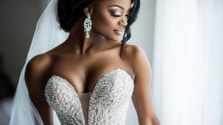 Elegant Bride in Sparkling Gown Posed by Window Before Wedding Ceremonyの素材