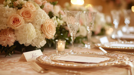 Elegant Table Setting With Floral Centerpiece at a Wedding Reception in the Eveningの素材
