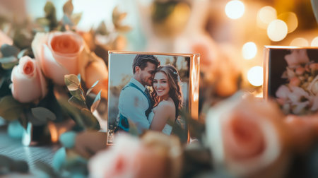 Romantic Couple Embracing Surrounded by Flowers at a Celebrationの素材