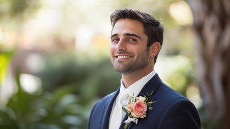 Smiling Man in Suit With Boutonniere at Outdoor Wedding Venueの素材
