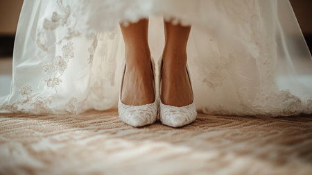 Elegant Bride Standing in White Dress With Silver Heels on Wedding Dayの素材