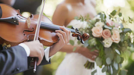 Elegant Wedding Musician Playing Violin While Bride Holds Flower Bouquet Outdoorsの素材