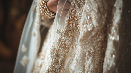 Elegant Bridal Attire Displayed During Pre-Wedding Preparations in Soft Lightingの素材
