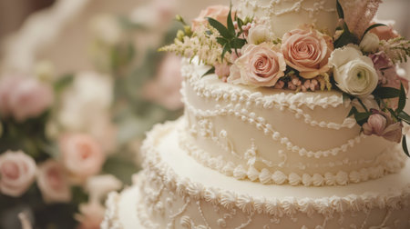 Elegant Wedding Cake With Fresh Flowers at a Romantic Receptionの素材