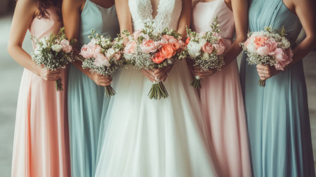 Elegant Bridesmaids Holding Bouquets in Soft Pastel Dresses at a Weddingの素材