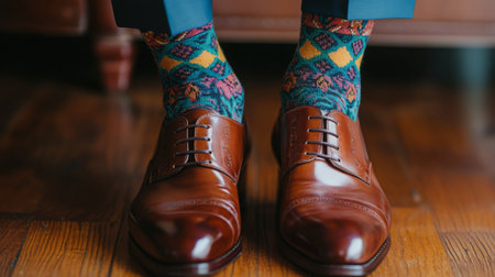 Elegant Brown Dress Shoes Paired With Colorful Patterned Socks on Wooden Floorの素材