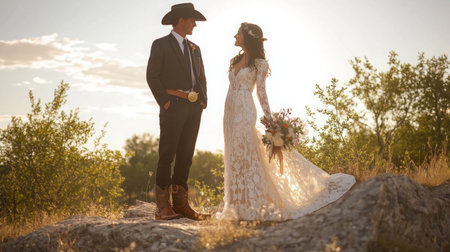 Wedding Couple in Cowboy Attire During Golden Hour Near Rock Outcropの素材