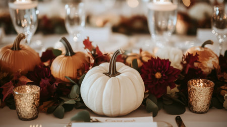 Elegant Fall Table Setting With Pumpkins and Flowers for Autumn Gatheringの素材