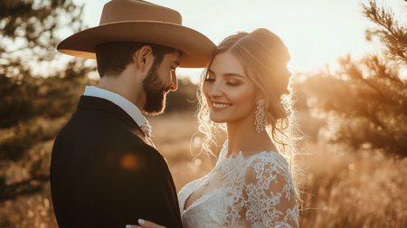 Couple Embracing at Golden Hour in Rustic Outdoor Settingの素材