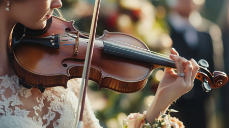 Bride Playing Violin at Outdoor Wedding Ceremony During Golden Hourの素材