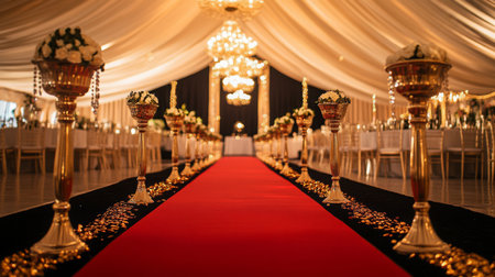 Elegant Wedding Reception With Red Carpet and Chandeliers in Grand Venueの素材