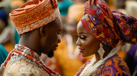 Traditional Nigerian Wedding Ceremony in Vibrant Attire With Couple Exchanging Affectionの素材