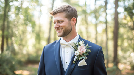 Groom Smiling in Formal Attire With Floral Accent in Forest Settingの素材