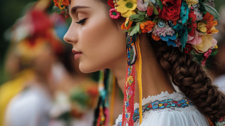 Young Woman in Traditional Attire With Floral Headpiece Celebrating Cultural Festivalの素材
