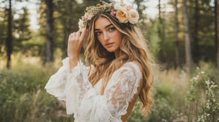 Bride in White Dress With Floral Crown Posing in Forest During Daytimeの素材