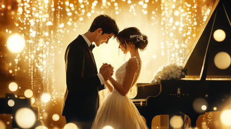 Romantic Wedding Dance by a Grand Piano Under Soft Golden Lightsの素材