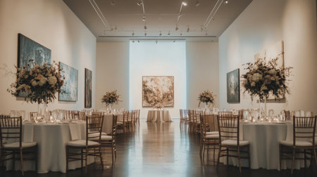 Elegant Indoor Wedding Venue With Floral Arrangements in Contemporary Art Galleryの素材