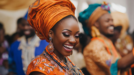 Joyful Woman in Traditional Attire Celebrating at a Cultural Eventの素材