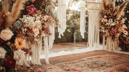 Elegant Bohemian Wedding Decor With Macrame and Floral Arrangement in Outdoor Settingの素材