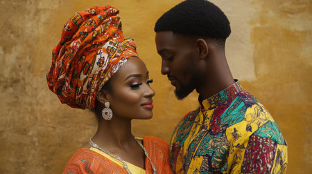 Couple in Traditional Attire Embracing Against a Golden Wall in Natural Lightの素材