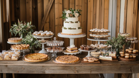 Beautiful Dessert Table Display at Rustic Venue Featuring Cakes and Pastriesの素材