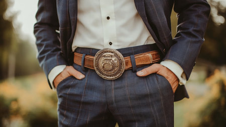 Formal Attire Featuring A Decorative Western Belt Buckle in An Outdoor Settingの素材