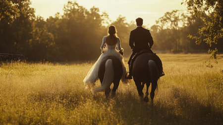 Bride and Groom Horseback Riding Through Sunlit Field at Sunsetの素材