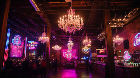 Vibrant Neon Lights and Chandeliers in a Trendy Nightclub Settingの素材