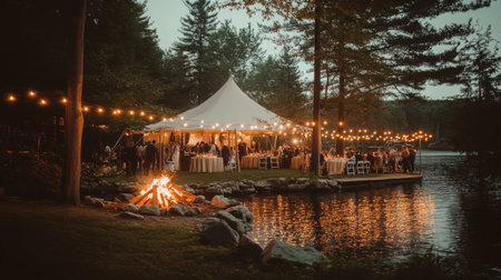 Elegant Outdoor Wedding Celebration Near a Lake at Dusk With Warm Lightingの素材